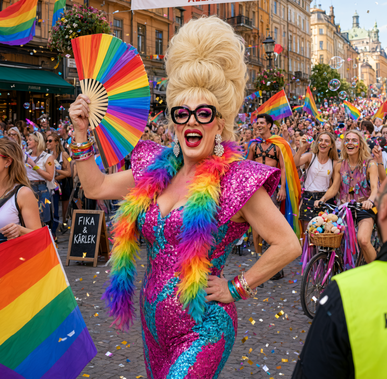 Prideparad med dragqueen och publik